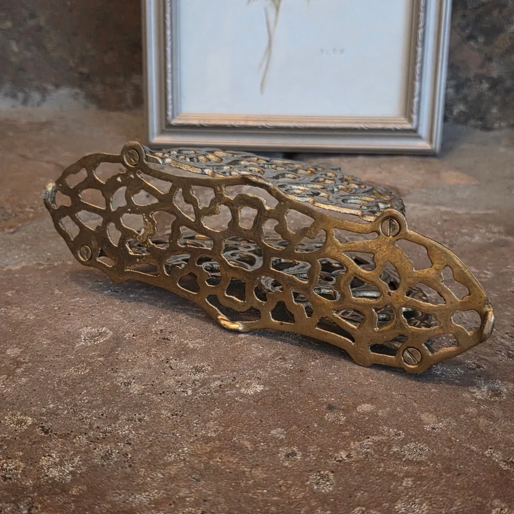 Vintage Brass Napkin Holder Ornate Filigree Letter Sorter Cast Metal Gold Tone